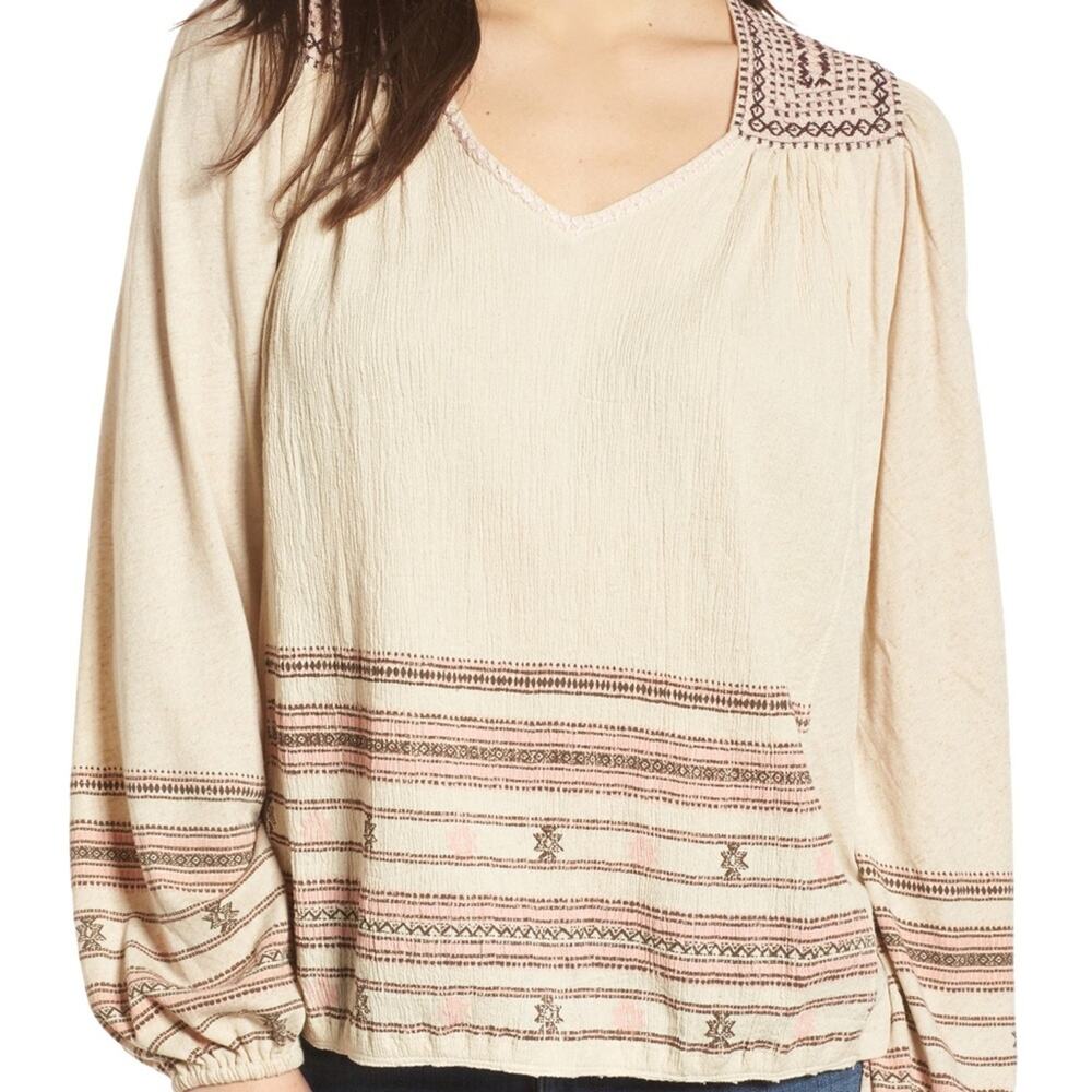 Lucky Brand Market Embroidered Peasant Blouse XS